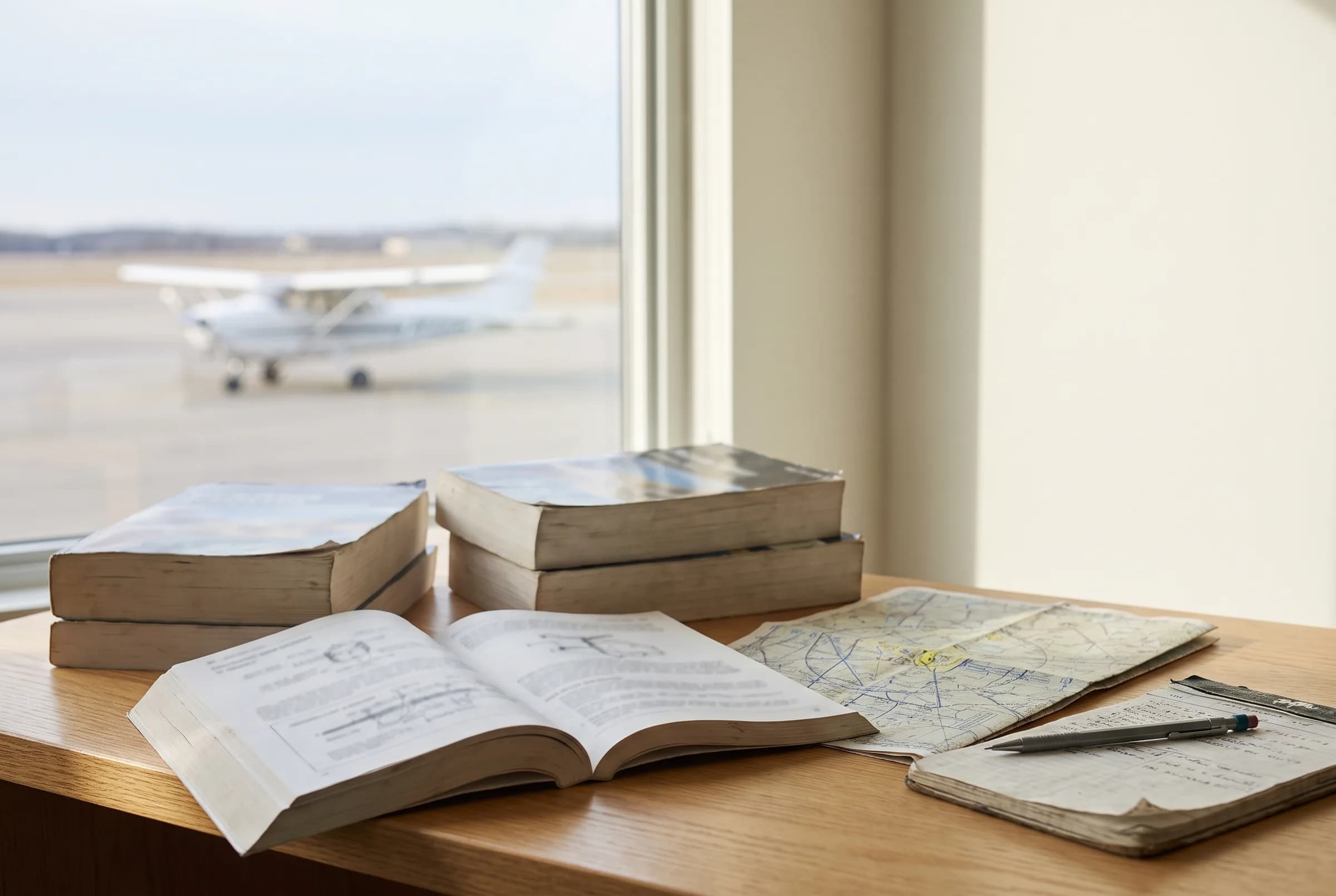 Luchtvaartstudieboeken en een VFR-kaart op een bureau, met een lesvliegtuig op de achtergrond
