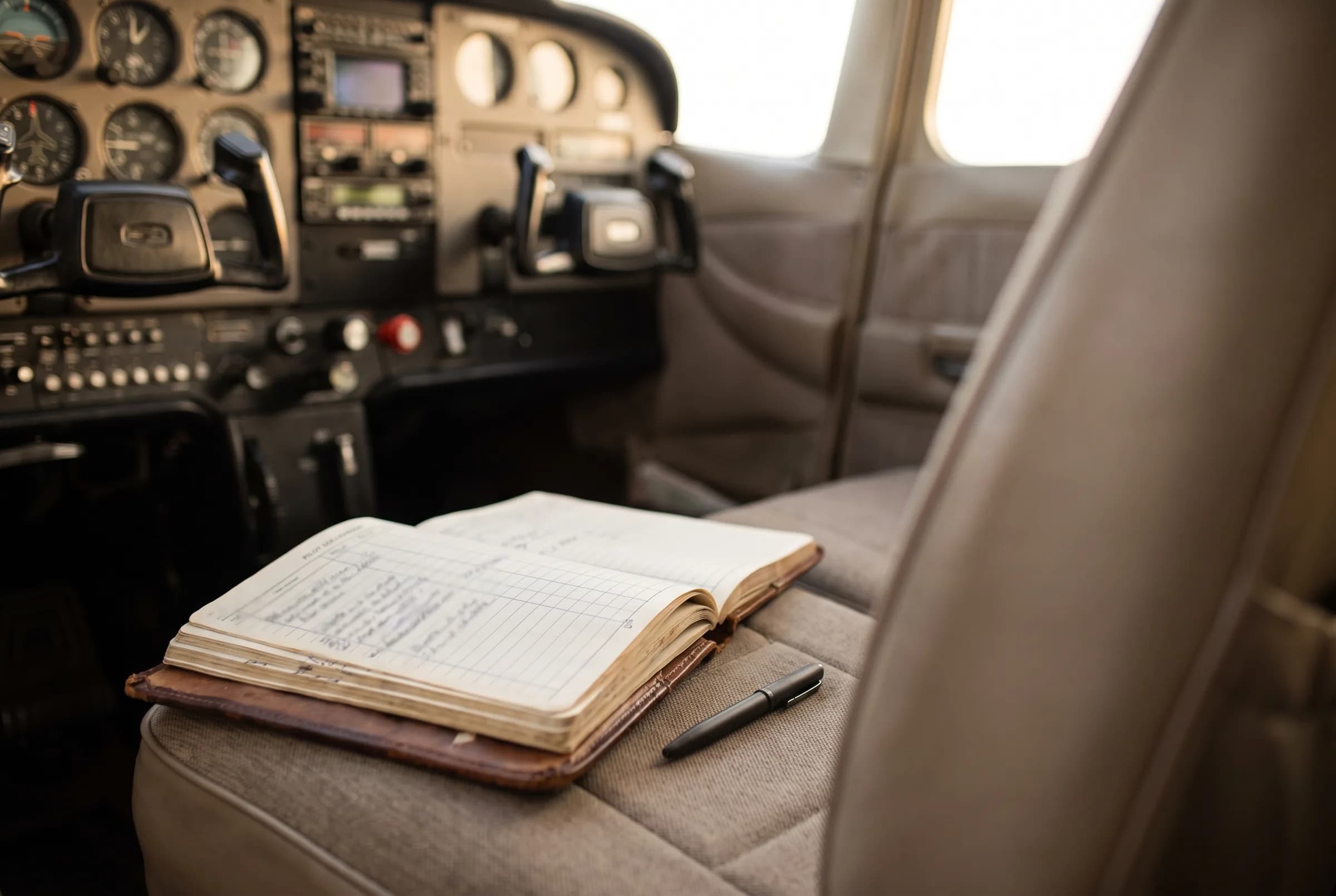 Open pilotenlogboek op de stoel in de cockpit van een lesvliegtuig