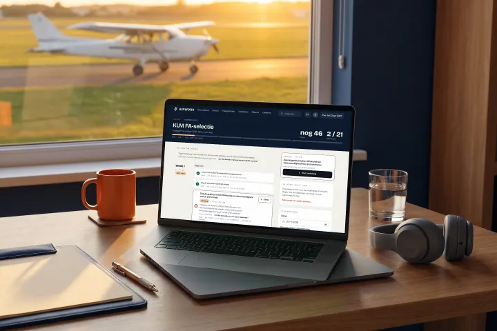 Een laptop met een voorbereidingsplan voor de KLM FA-selectie op Airwork: nog 46 dagen en 2 van 21 taken klaar