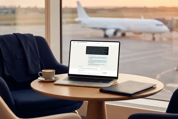 Een laptop in een vertrekhal met de interview-simulator van Airwork: je antwoord en de feedback erop