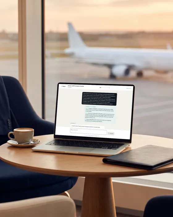 Een laptop in een vertrekhal met de interview-simulator van Airwork: je antwoord en de feedback erop