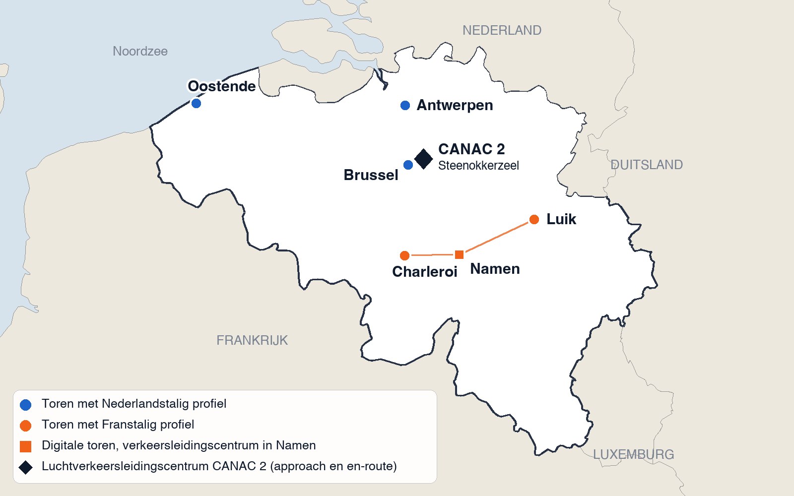 Schematische kaart van België met de verkeersleidingseenheden van skeyes: de torens van Brussel, Antwerpen en Oostende met Nederlandstalig profiel, de torens van Charleroi en Luik met Franstalig profi