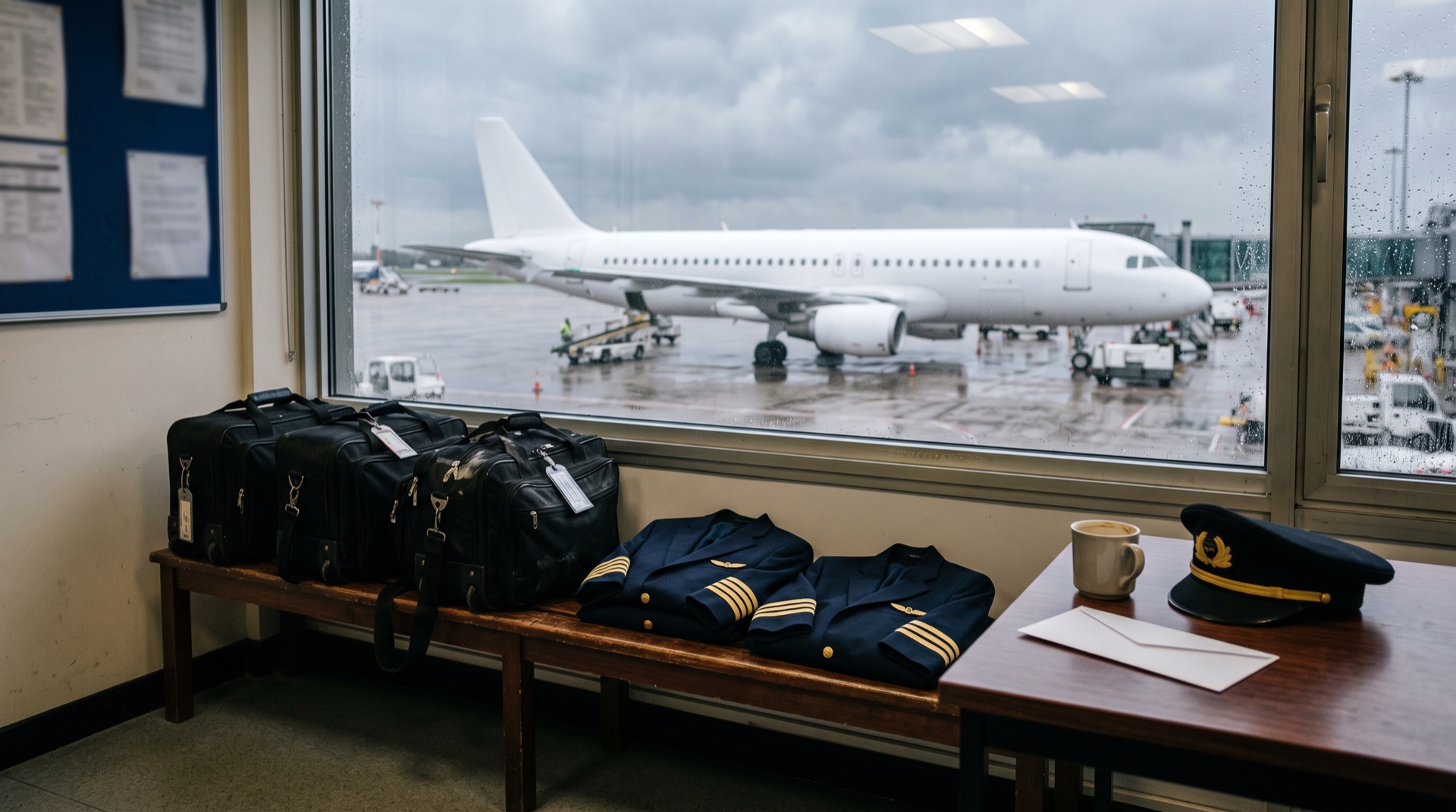 Lege crewruimte op een luchthaven met vliegtassen, twee opgevouwen pilotenjasjes en een pet, en door een nat raam een wit passagiersvliegtuig op een regenachtig platform