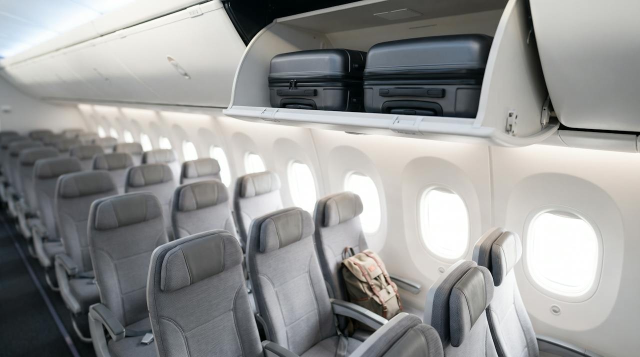 De cabine van een passagiersvliegtuig met lege grijze stoelen, een open bagagevak met twee donkere handbagagekoffers en een rugzak op een stoel bij het raam