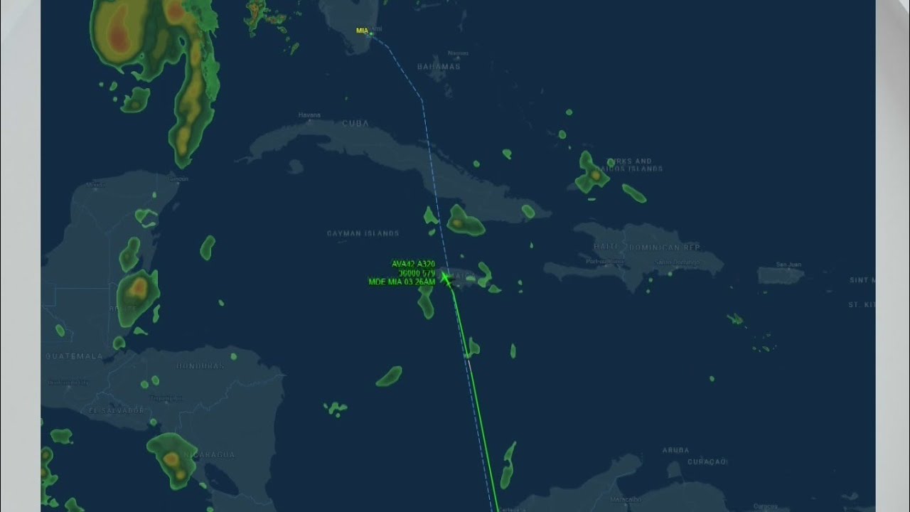 Stilstaand beeld uit het nieuwsitem van CBS News Miami over de Avianca-vlucht die naar Miami uitweek